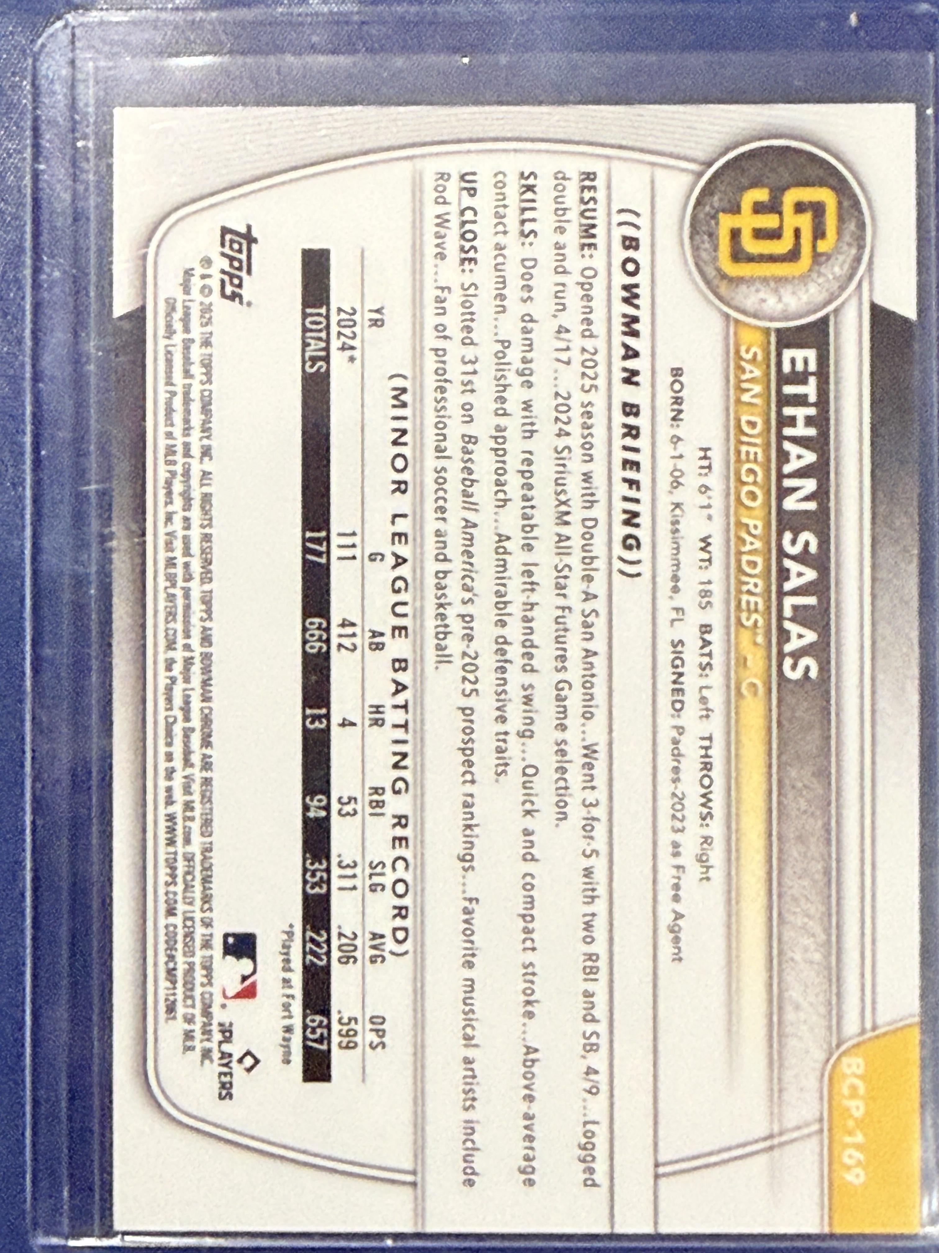 2025 Bowman Chrome Ethan Salas Prospects Yellow Sapphire #/75